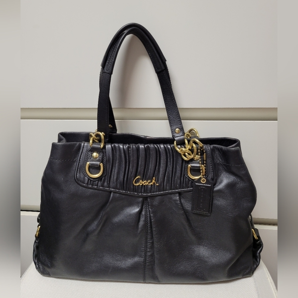 Coach Vintage Ashley Black Pleated Leather Chain Shoulder Bag Tote Purse - Picture 3 of 15